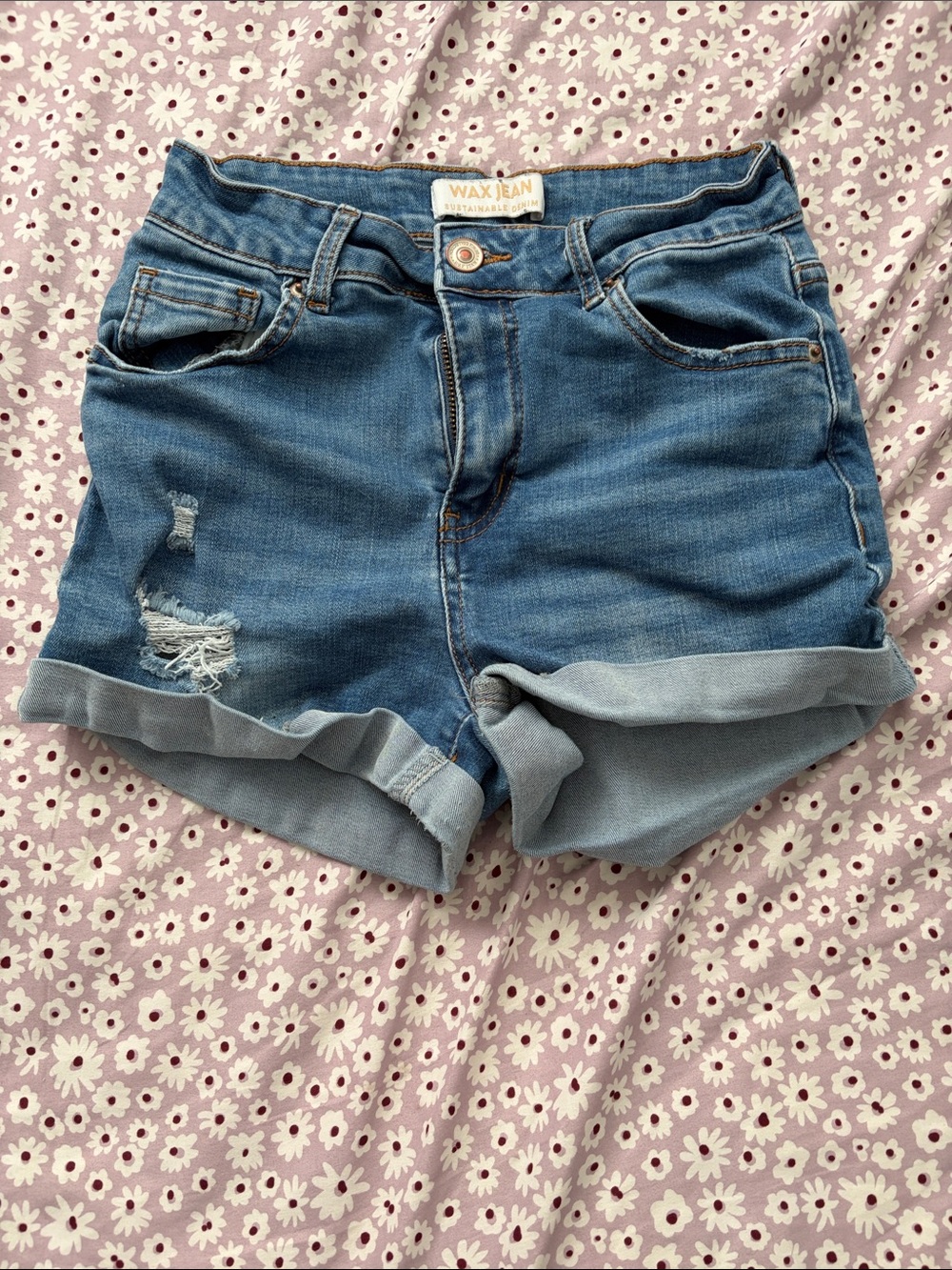 Wax Jean Rolled Hem Distressed Denim Shorts - Blue